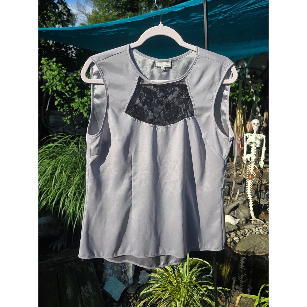 Hanna Gracie Silver Grey Satin Sleeveless Lace Inset Blouse Top Large HG15132‎